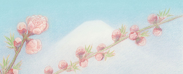 ２月、３月のイラスト：富士山と桃
